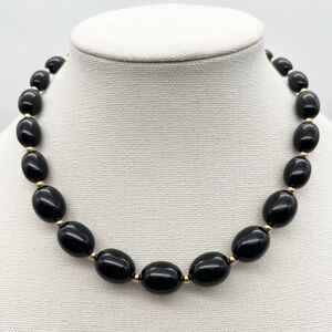 Vintage Monet Black Gold Tone Single Strand Beaded Classic Art Deco Necklace 18”